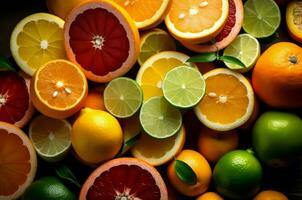färsk citrusfrukter frukt skivor bakgrund. generera ai foto