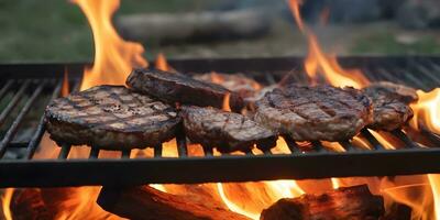 flamma danser grillning kött natur skönhet lägereld värms upp utomhus- äventyr ai genererad foto