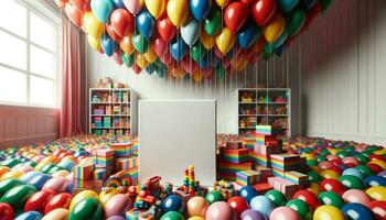 närbild Foto av tom färgrik leksak förpackning eftertänksamt anordnad mitt i en rum fylld med lekfull ballonger.. generativ ai