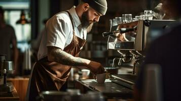 en Barista häller kaffe från en kaffe maskin. generativ ai foto