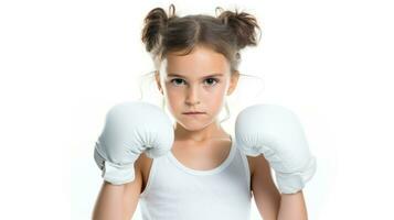 ett arg flicka med en vit boxning handske på henne ansikte. generativ ai foto