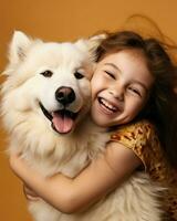 leende liten flicka kramas henne hund i främre av orange bakgrund. generativ ai foto