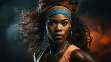 en fokuserade kvinna tennis spelare redo för handling.. generativ ai foto