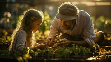 liten flicka och ett äldre man uppslukad i trädgårdsarbete aktivitet.. generativ ai foto