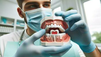 närbild Foto fångande de ögonblick en tandläkare, bär handskar och mask, ställer ut en dental modell till en patient.. generativ ai