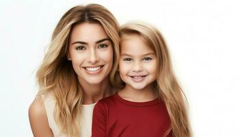 ung blond mor och dotter gosade lyckligt. generativ ai foto