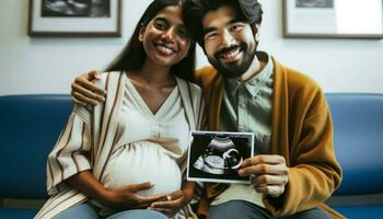 närbild av en olika par i en sjukhus väntar rum. de kvinna av söder asiatisk ursprung är synligt gravid och de man av inhemsk ursprung är innehav ett ultraljud Foto av deras bebis generativ ai