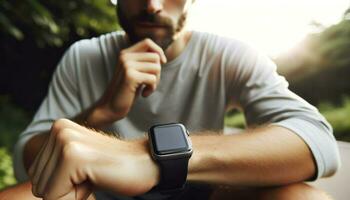 en joggare ser på en tom skärm smart klocka på deras handled, tar en ha sönder från en springa.. generativ ai foto