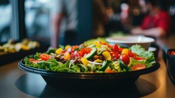 ai genererad färsk sallad med körsbär tomater, gurkor och röd lök på svart bakgrund. blandad salat närbild. foto