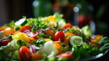 färsk sallad med körsbär tomater, gurkor, sallad och sesam frön ai genererad foto