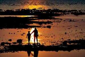 mor och son gående hand i hand förbi de hav som de Sol set. foto