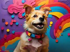 Lycklig hund med färgrik bakgrund ai generera foto