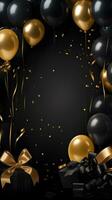 svart och guld ballonger och gåvor på en svart bakgrund foto