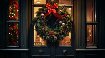 ai generativ jul krans med röd rosett och bär på de dörr stänga upp foto