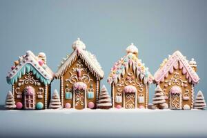 charmig jul pepparkaka stugor Utsmyckad med sötsaker isolerat på en lutning bakgrund foto