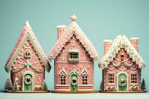 pastell jul pepparkaka bostäder med ätlig utsmyckningar isolerat på en lutning bakgrund foto