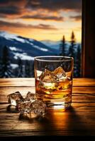 kall whisky provtagning i mysigt vinter- stuga bakgrund med tömma Plats för text foto