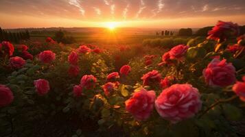 rosa reste sig fält i solnedgång ljus, i de stil av Sol strålar lysande på en fält av rosor. generativ ai foto
