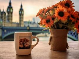 en svart kopp av kaffe och en blomma vas är i främre av stor ben och westminster bro i england. generativ ai foto