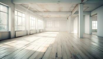 modern lägenhet med ljus, rena interiör, terar hårt träslag golv genererad förbi ai foto