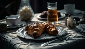 croissant, mat, dryck, tabell, mellanmål, friskhet, måltid, mörk, tallrik, stänga upp genererad förbi ai foto