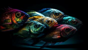 en vibrerande skola av fisk simmar i en tropisk rev genererad förbi ai foto
