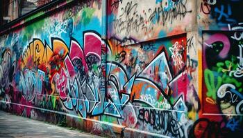 graffiti fylld stad gator monter vibrerande, rörig, och abstrakt ungdom kultur genererad förbi ai foto