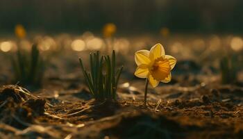 en skön gul blomma blommar i de äng under springtime genererad förbi ai foto