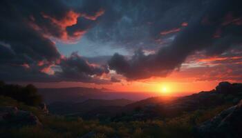 solnedgång över de berg topp, en lugn och majestätisk landskap genererad förbi ai foto