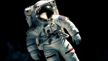 trogen astronaut i svart Plats kostym utforskar galax med robot följeslagare genererad förbi ai foto