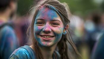 leende flickor njut av färgrik festival, spelar sporter i de utomhus genererad förbi ai foto