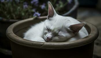 söt kattunge sovande utomhus, fluffig päls, randig, stirrande på blå genererad förbi ai foto