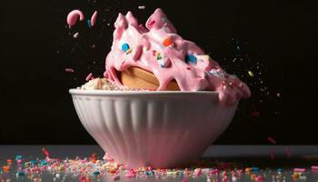 födelsedag firande med färgrik cupcakes, godis, och konfetti dekoration genererad förbi ai foto