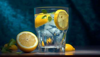 färsk citron- skiva på trä- tabell, uppfriskande sommar citrus- dryck genererad förbi ai foto