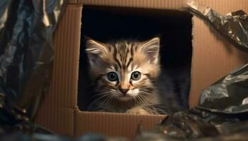 söt kattunge ser på kamera, Sammanträde inuti kartong låda genererad förbi ai foto