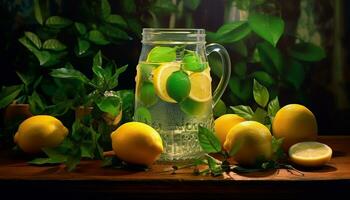 färsk citron- skiva på trä- tabell, uppfriskande sommar dryck genererad förbi ai foto