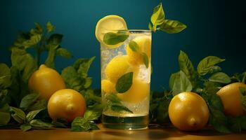 citrus- friskhet i en citron- mojito, mynta blad garnering genererad förbi ai foto