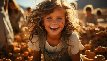 leende barn utomhus, lycka i glad barndom, flickor har roligt genererad förbi ai foto
