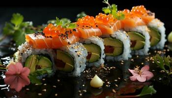 friskhet och kulturer på en tallrik skaldjur, sushi, avokado, ingefära genererad förbi ai foto