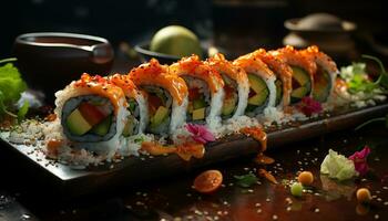 friskhet och kulturer på en tallrik skaldjur, maki sushi, sashimi genererad förbi ai foto