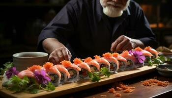 en man hand sakkunnigt innehar färsk sushi på en tallrik genererad förbi ai foto