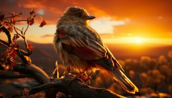 fågel perching på gren, fjädrar lysande i solnedgång gyllene solljus genererad förbi ai foto