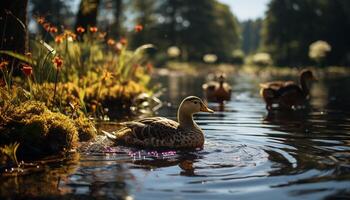 en skön ankunge i de damm, omgiven förbi natur skönhet genererad förbi ai foto