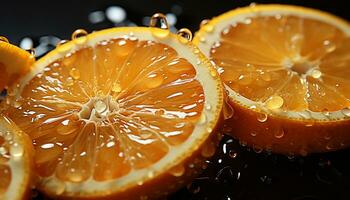 friskhet av citrus- frukt, skiva av orange, våt och friska äter genererad förbi ai foto