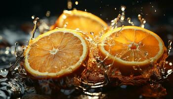 friskhet av citrus- frukt, våt skiva, friska äter, uppfriskande dryck genererad förbi ai foto