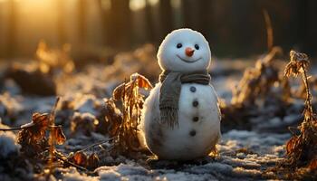 glad snögubbe ler, omgiven förbi vinter- natur firande genererad förbi ai foto