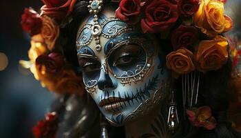 firande av tradition män och kvinnor i färgrik masker genererad förbi ai foto