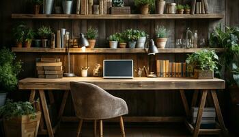 modern kontor design med trä- tabell, stol, och bokhylla genererad förbi ai foto