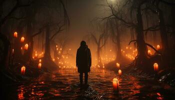 ett person gående i de mörk skog, omgiven förbi dimma genererad förbi ai foto