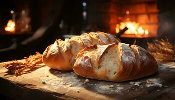 nyligen bakad bröd på en rustik tabell, redo till äta och utsökt genererad förbi ai foto